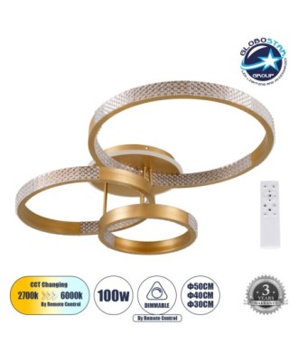 GLOBOSTAR® DIAMOND 61116 Μοντέρνο Φωτιστικό Οροφής LED 100W 12123lm 360° AC 220-240V IP20 Ρυθμιζόμενο Λευκό CCT με Χειριστήριο από 2700K έως 6000K Dimmable - Lumileds SMD Chip - Χρυσό Βούρτσας - Μ80 x Π50 x Υ20cm - 3 Χρόνια Εγγύηση